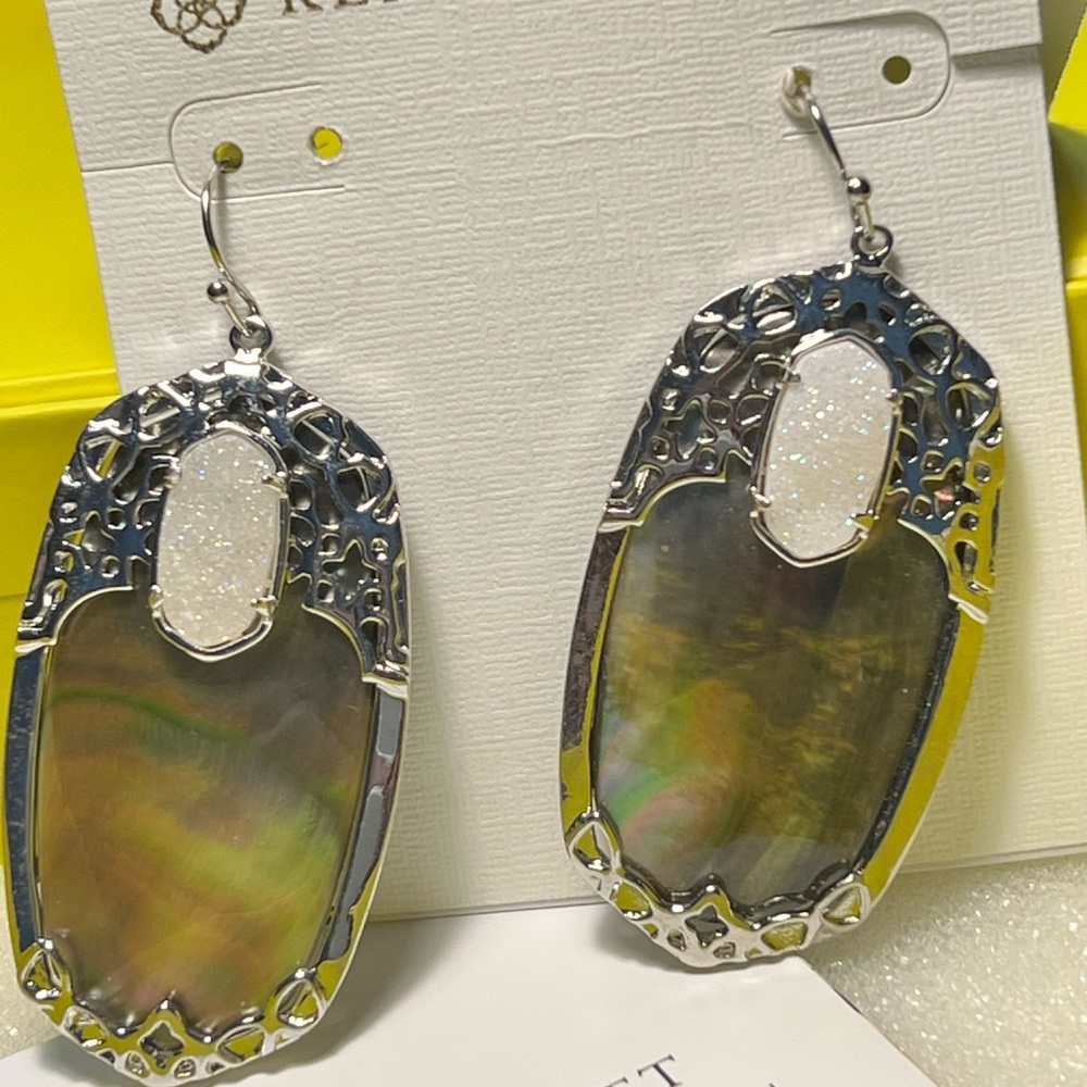 NWT Kendra Scott Deva Earrings Black Pearl Iridescent Drusy & Silver SUPER RARE - Picture 11 of 16